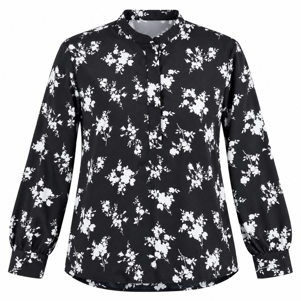 Black Floral Mandarin Collar Blouse Large 12-14 top whimsigoth witchy boho flowy